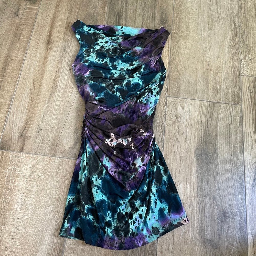 Suzi Chin For Maggy Boutique Dress Womens 6 Blue Purple Watercolor Stretch